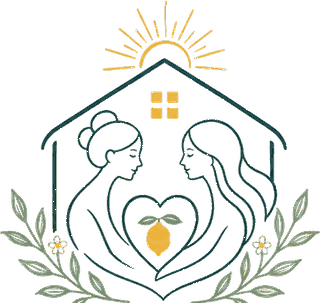 Casa Limoncitos emblem: two women forming a heart inside a house, framed by olive branches beneath a rising sun